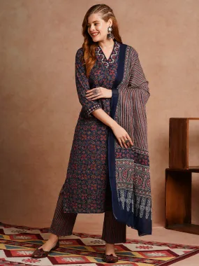 Ethnic Floral Printed & Embroidered Straight Fit Kurta with Pant and Dupatta - Blue