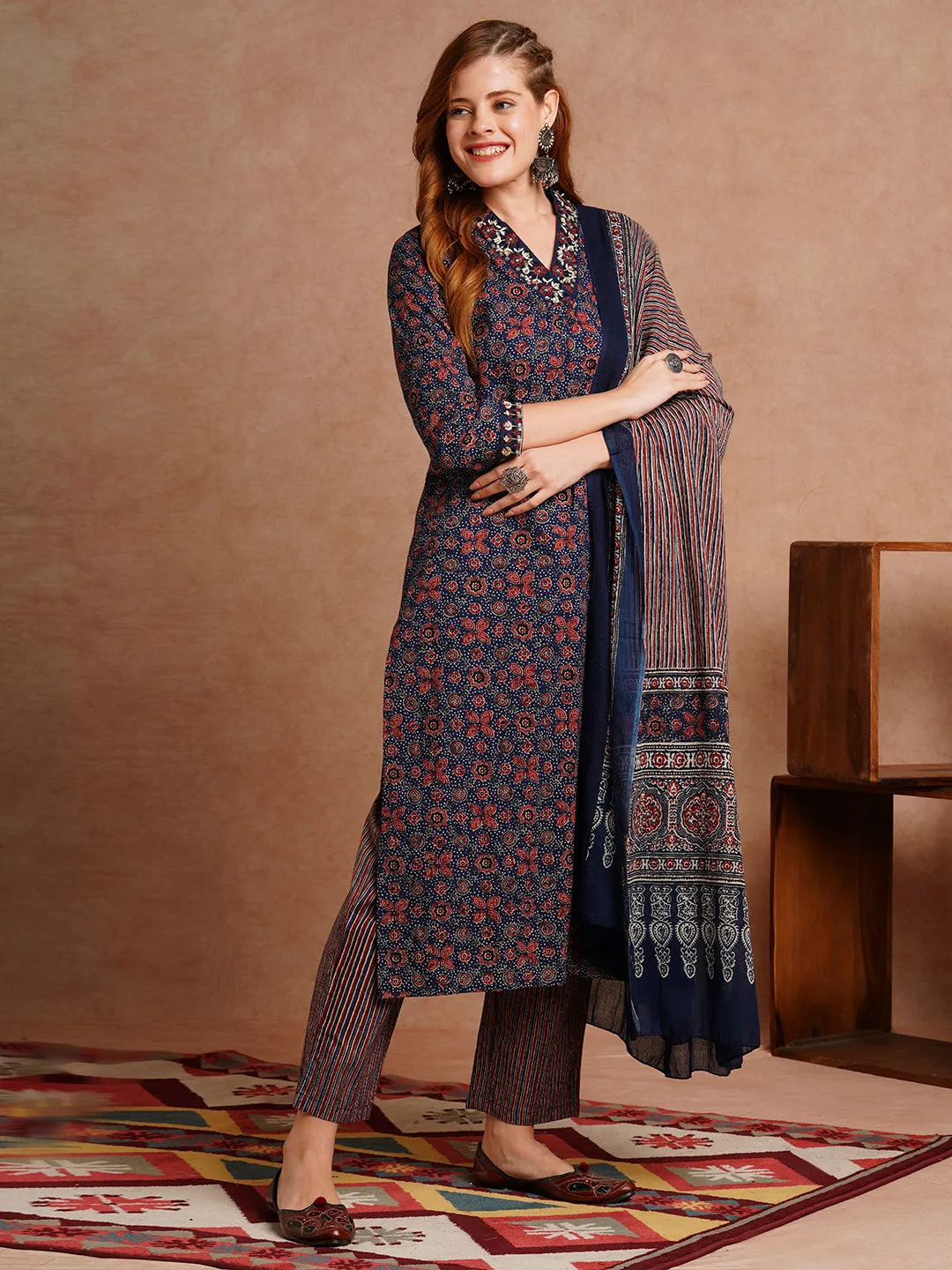 Ethnic Floral Printed & Embroidered Straight Fit Kurta with Pant and Dupatta - Blue