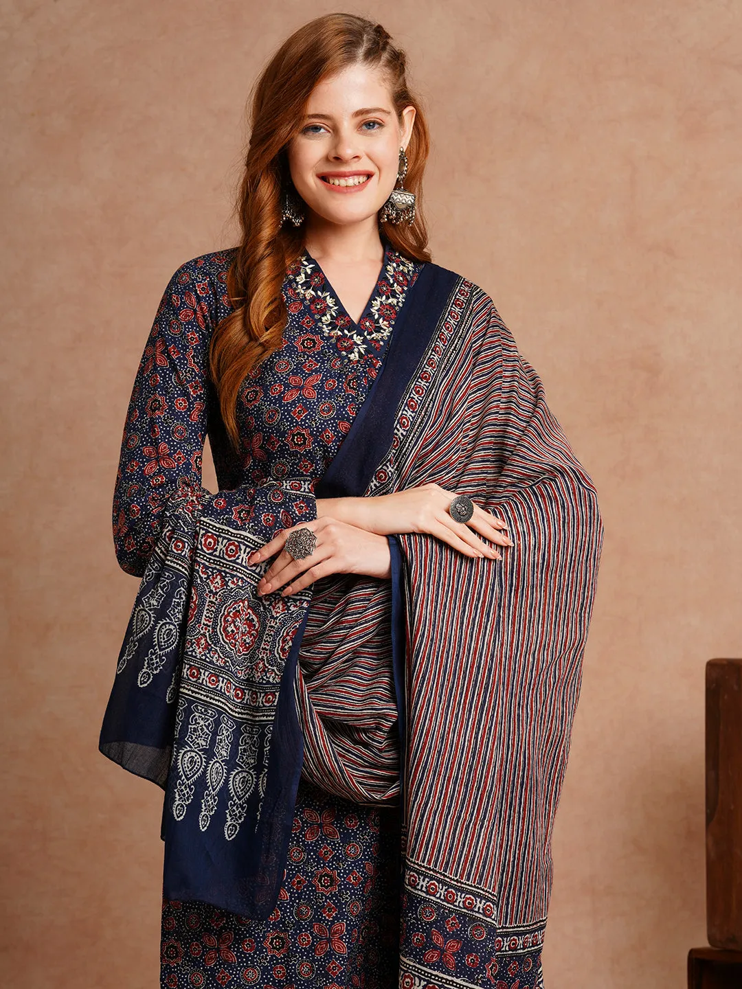 Ethnic Floral Printed & Embroidered Straight Fit Kurta with Pant and Dupatta - Blue