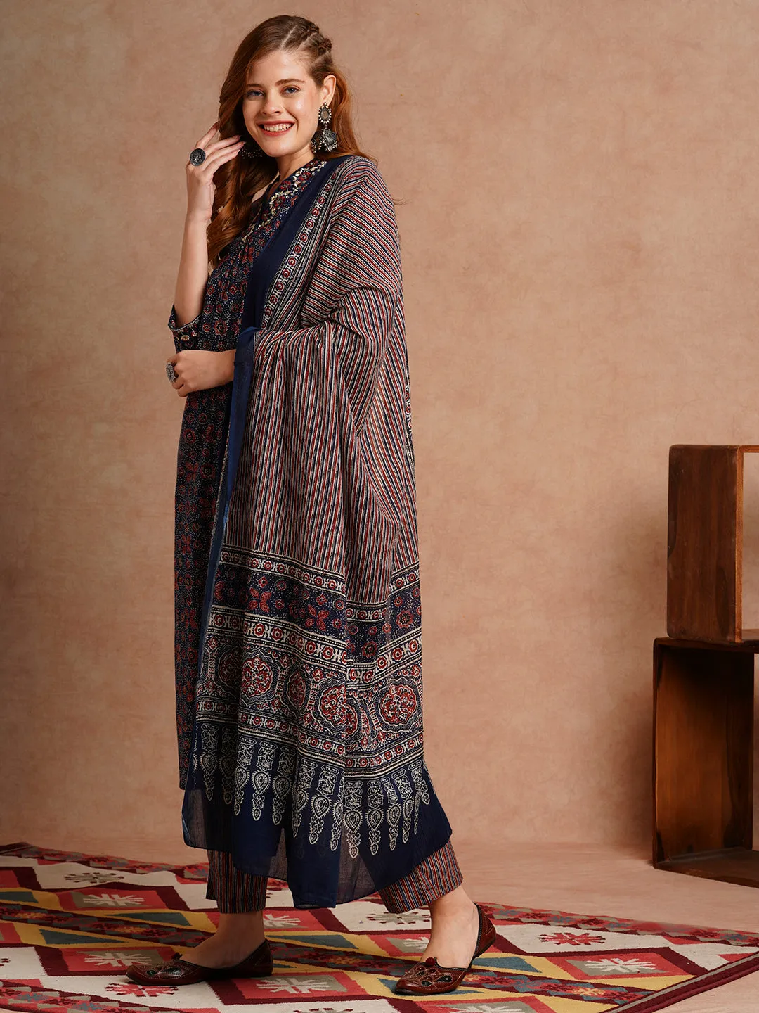 Ethnic Floral Printed & Embroidered Straight Fit Kurta with Pant and Dupatta - Blue