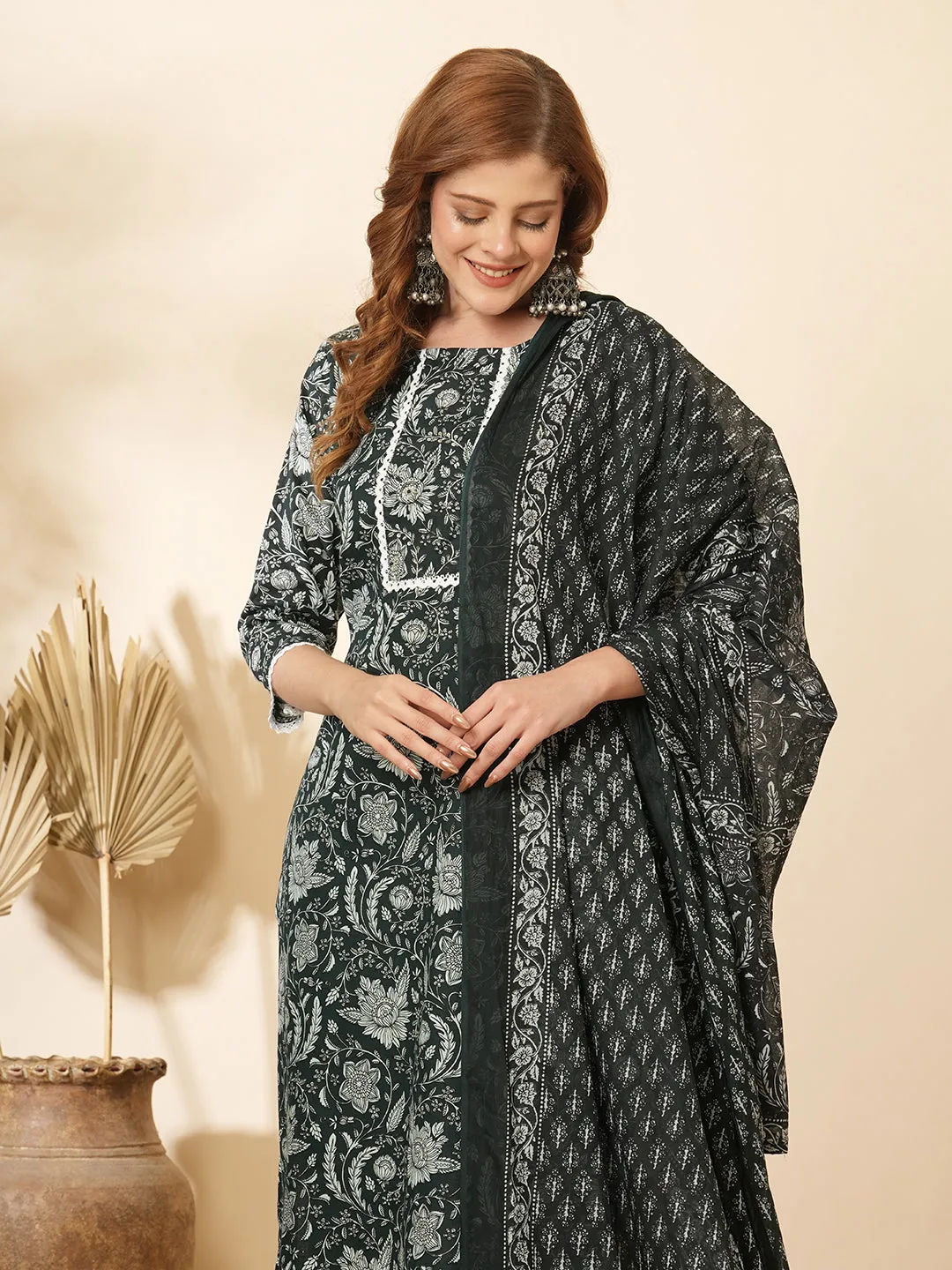 Ethnic Floral Printed & Embroidered Straight Fit Kurta with Pant and Dupatta - Dark Green