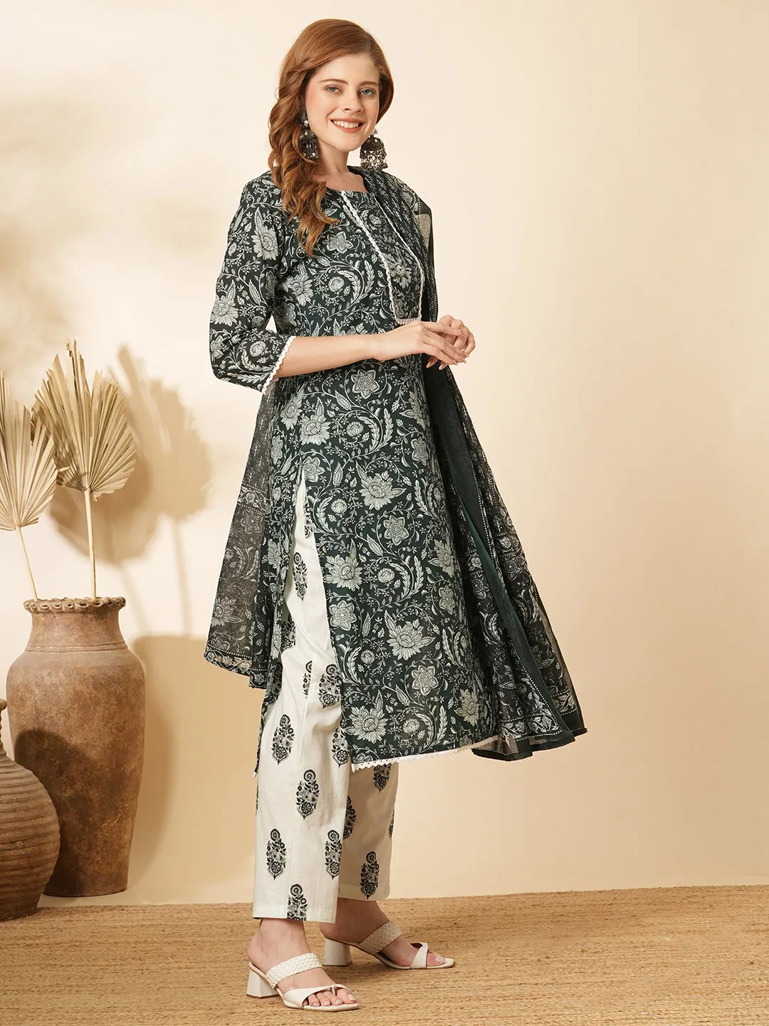 Ethnic Floral Printed & Embroidered Straight Fit Kurta with Pant and Dupatta - Dark Green