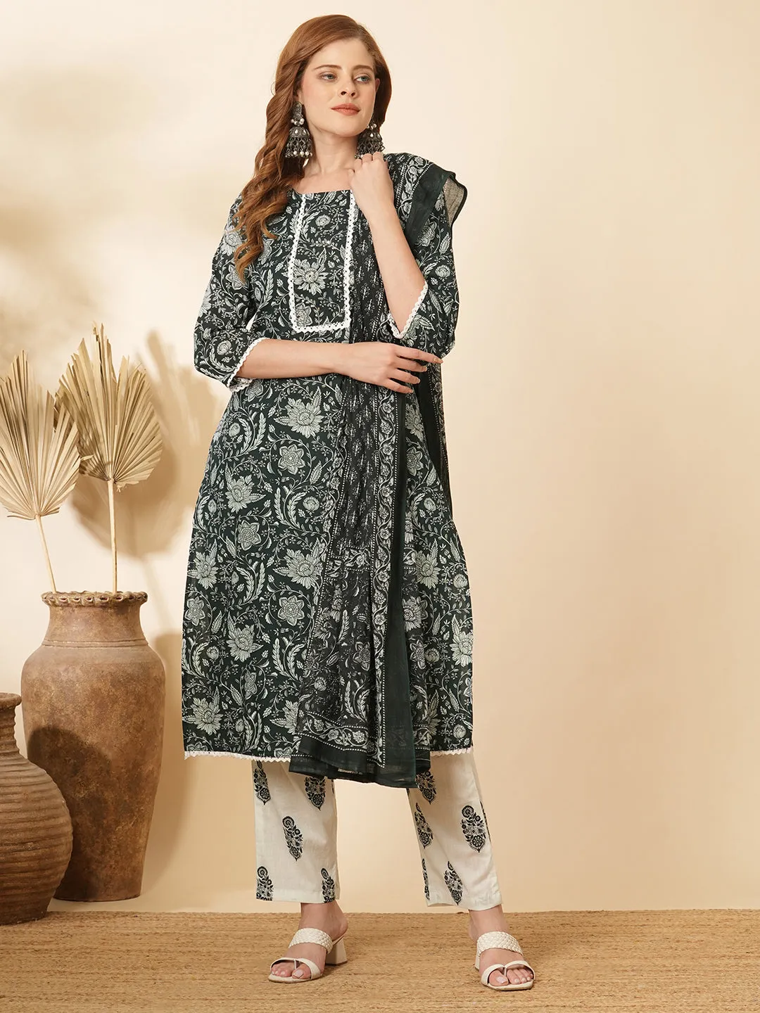 Ethnic Floral Printed & Embroidered Straight Fit Kurta with Pant and Dupatta - Dark Green