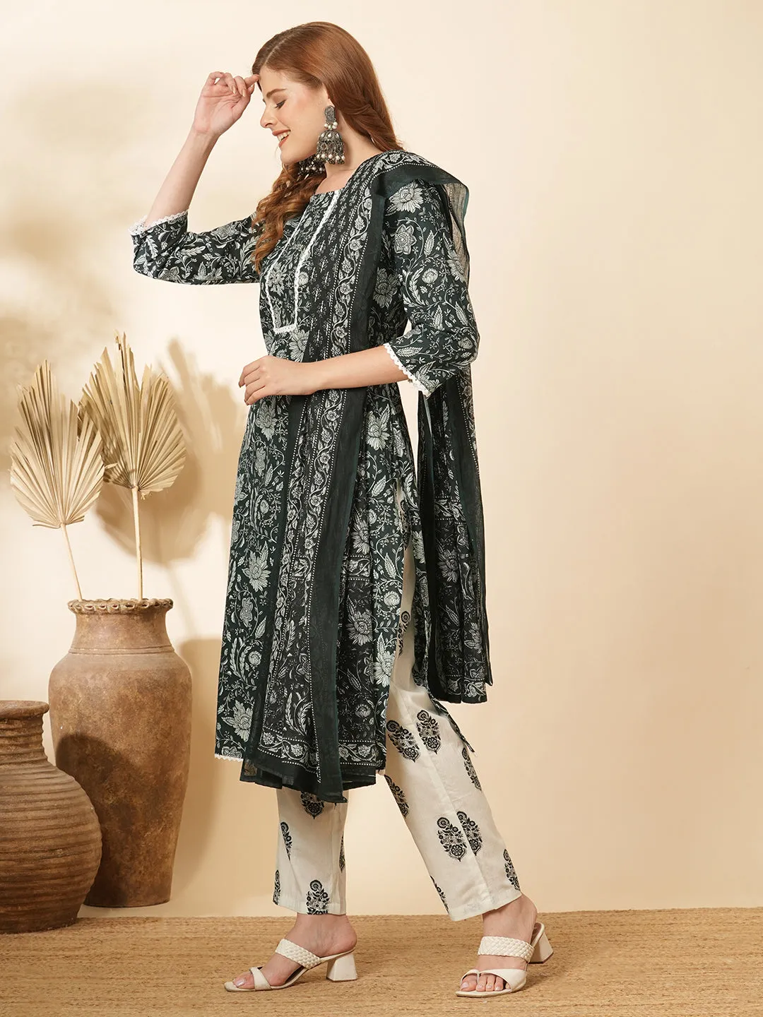 Ethnic Floral Printed & Embroidered Straight Fit Kurta with Pant and Dupatta - Dark Green