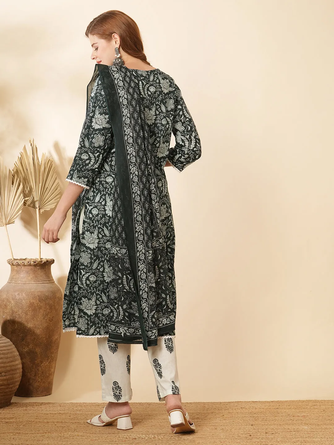 Ethnic Floral Printed & Embroidered Straight Fit Kurta with Pant and Dupatta - Dark Green