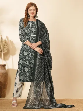 Ethnic Floral Printed & Embroidered Straight Fit Kurta with Pant and Dupatta - Dark Green