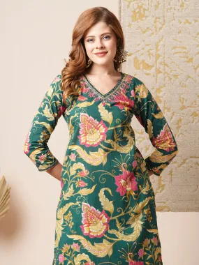 Ethnic Floral Printed & Embroidered Straight Fit Kurta with Pant - Green