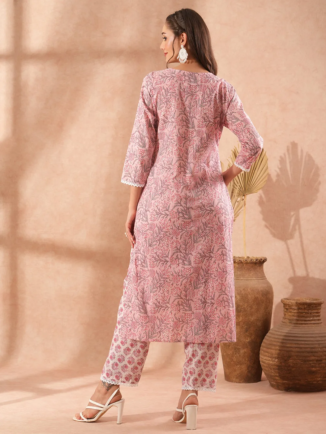 Ethnic Floral Printed & Embroidered Straight Fit Kurta with Pant - Light Pink