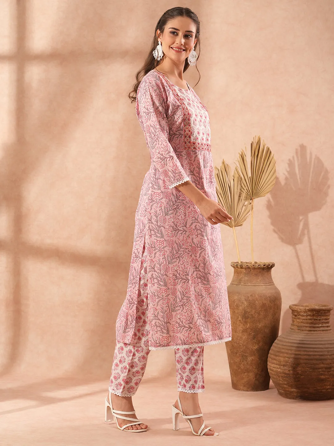 Ethnic Floral Printed & Embroidered Straight Fit Kurta with Pant - Light Pink