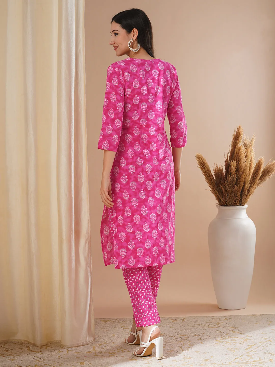 Ethnic Floral Printed & Embroidered Straight Fit Kurta with Pant - Pink