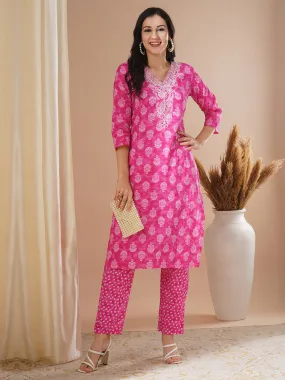 Ethnic Floral Printed & Embroidered Straight Fit Kurta with Pant - Pink