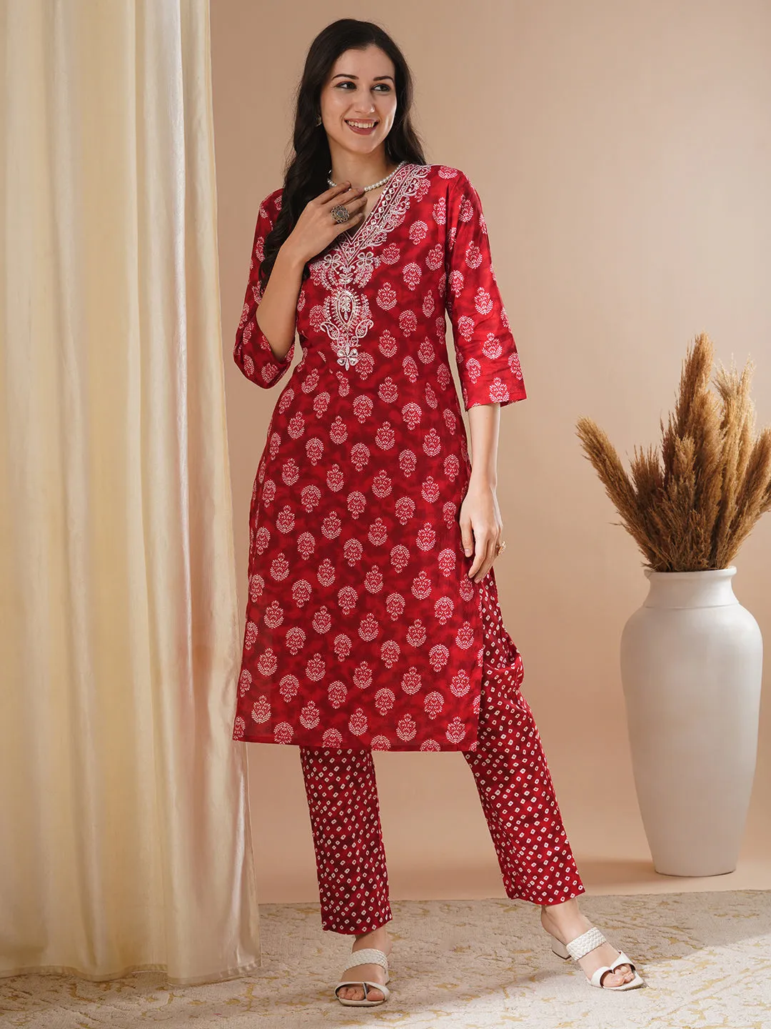 Ethnic Floral Printed & Embroidered Straight Fit Kurta with Pant - Red