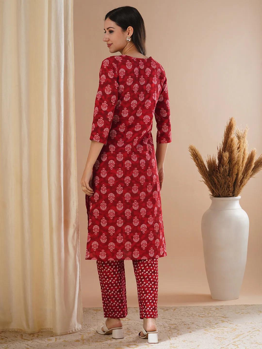 Ethnic Floral Printed & Embroidered Straight Fit Kurta with Pant - Red