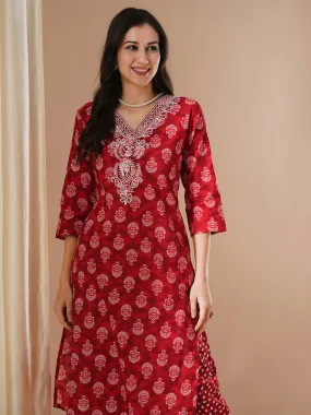 Ethnic Floral Printed & Embroidered Straight Fit Kurta with Pant - Red