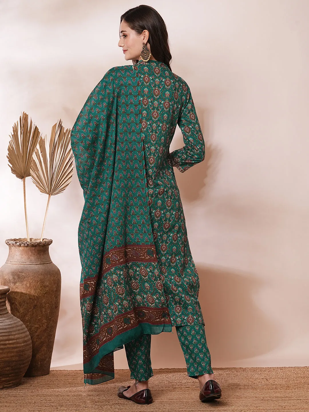 Ethnic Floral Printed & Embroidered Straight Kurta with Pant & Dupatta - Teal Green