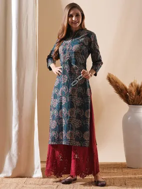 Ethnic Floral Printed & Kantha Embroidered Straight Fit Kurta - Blue