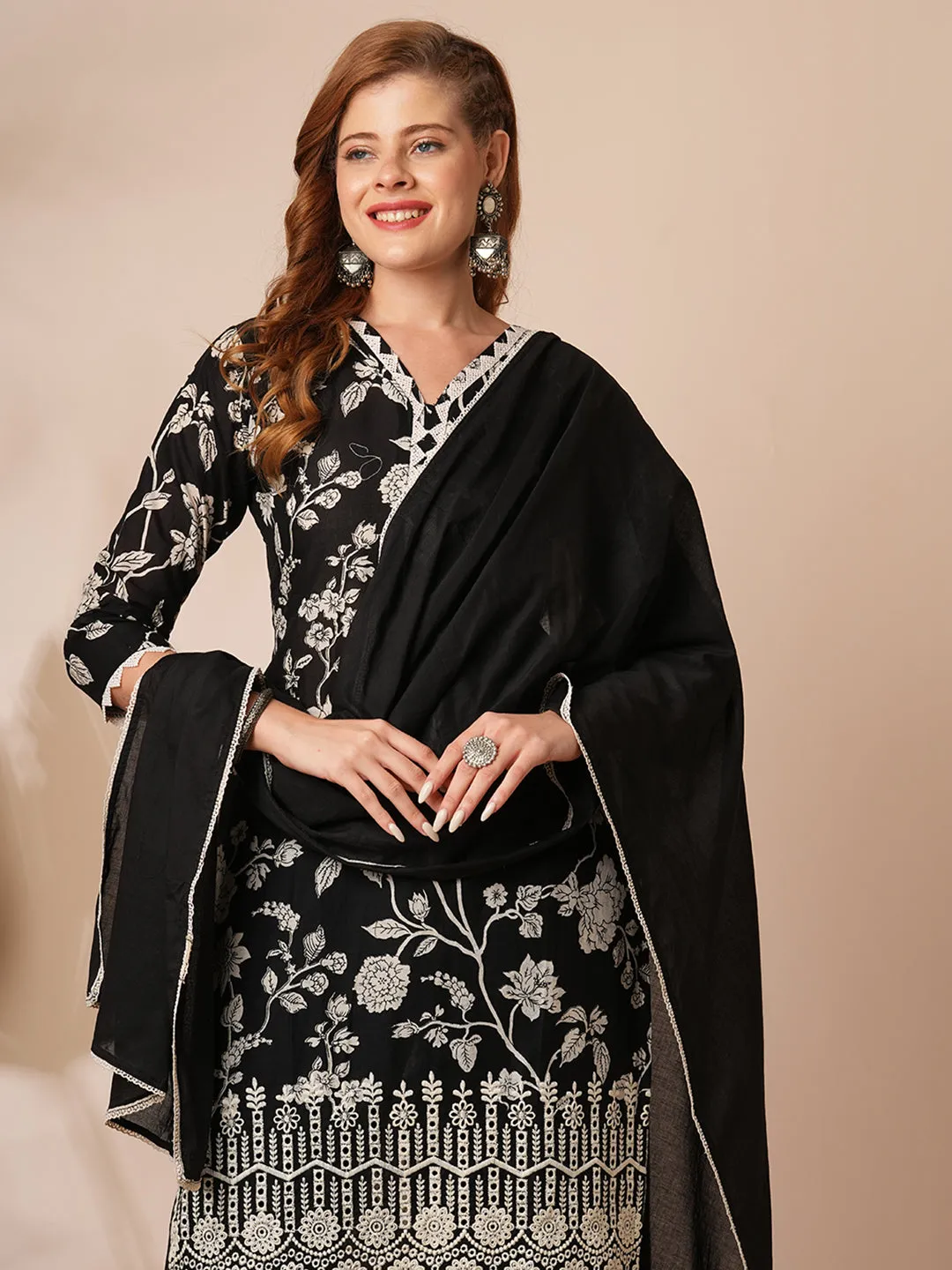 Ethnic Floral Printed & Schiffli Embroidered Kurta with Pant & Dupatta - Black