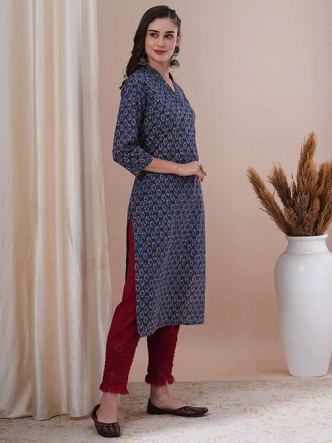 Ethnic Floral Printed & Sequin Embroidered Straight Fit Kurta - Blue