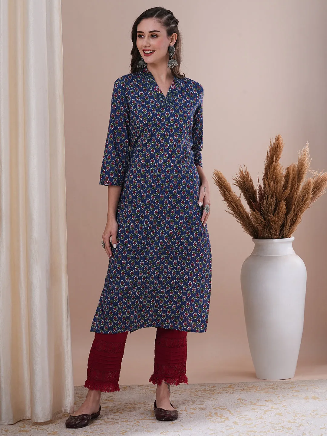 Ethnic Floral Printed & Sequin Embroidered Straight Fit Kurta - Blue