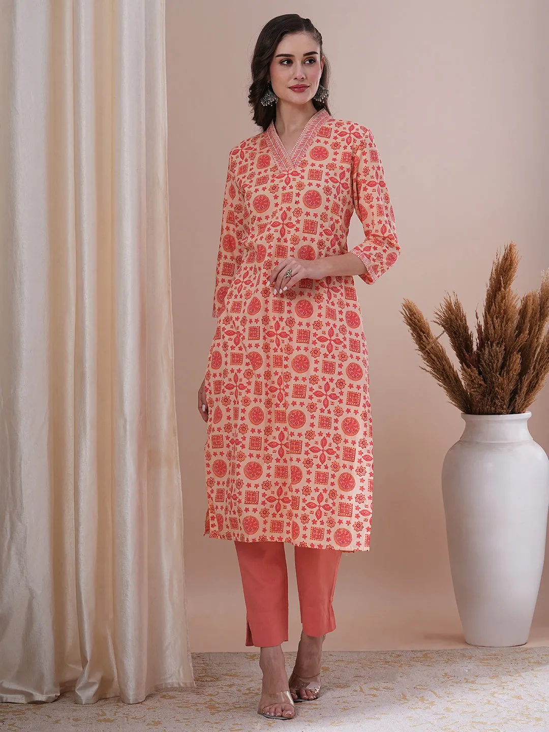 Ethnic Floral Printed & Sequin Embroidered Straight Fit Kurta - Peach