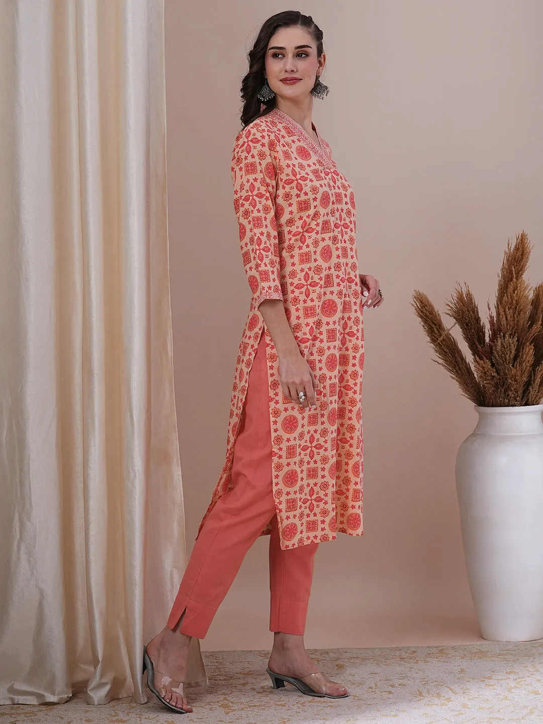 Ethnic Floral Printed & Sequin Embroidered Straight Fit Kurta - Peach