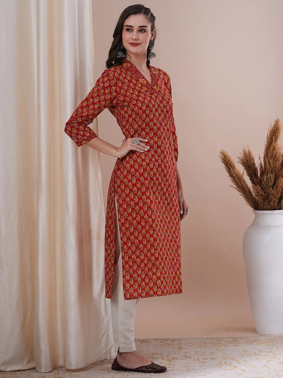 Ethnic Floral Printed & Sequin Embroidered Straight Fit Kurta - Red