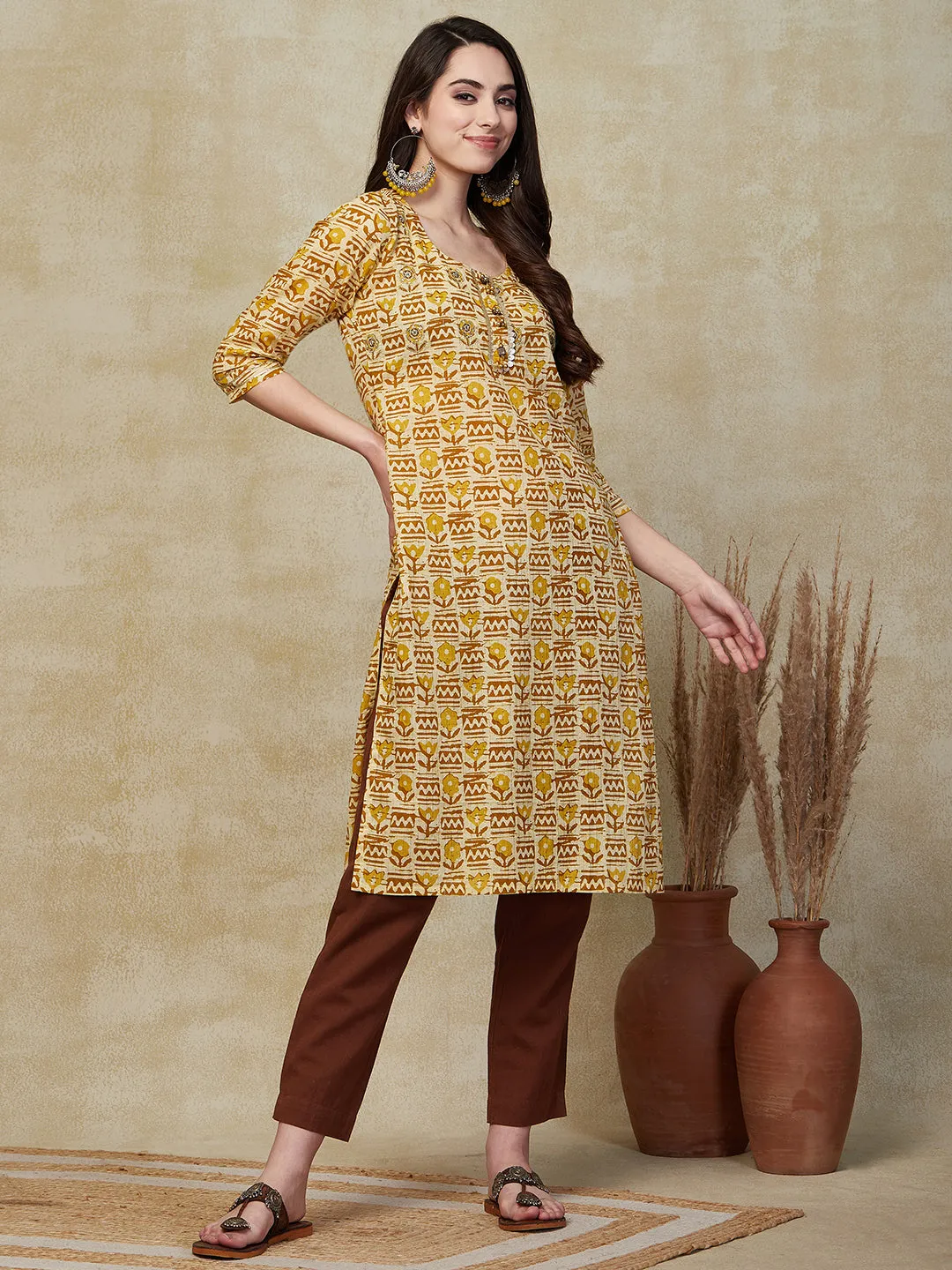 Ethnic Floral Printed & Zari Embroidered Straight Fit Kurta - Yellow