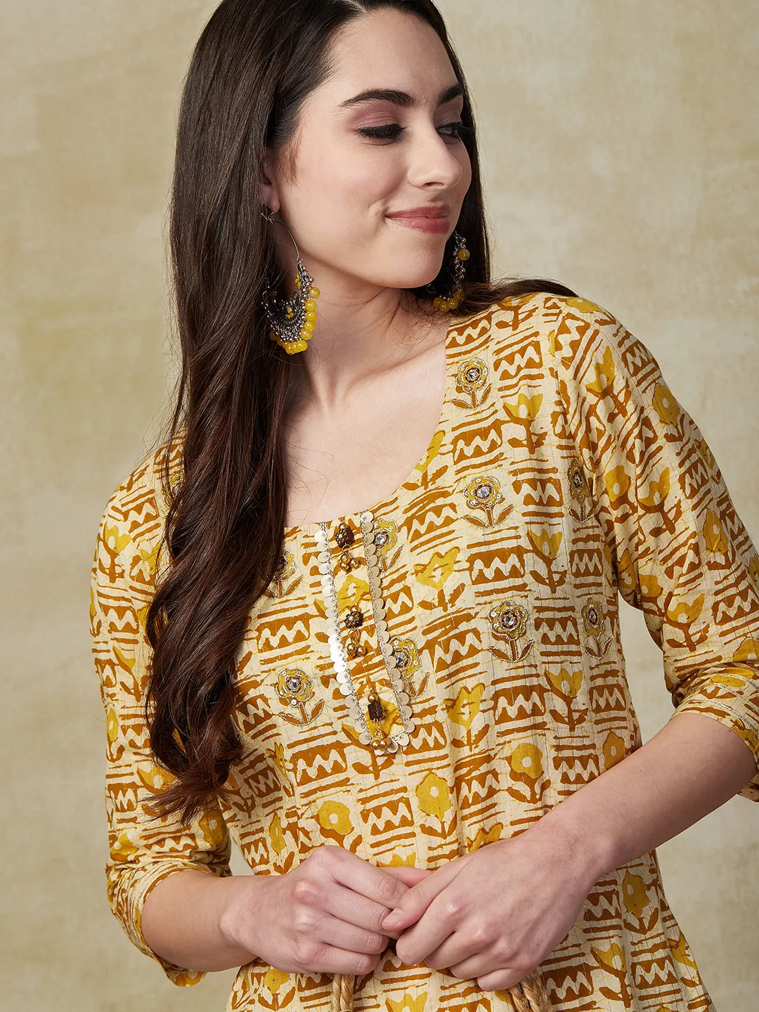 Ethnic Floral Printed & Zari Embroidered Straight Fit Kurta - Yellow