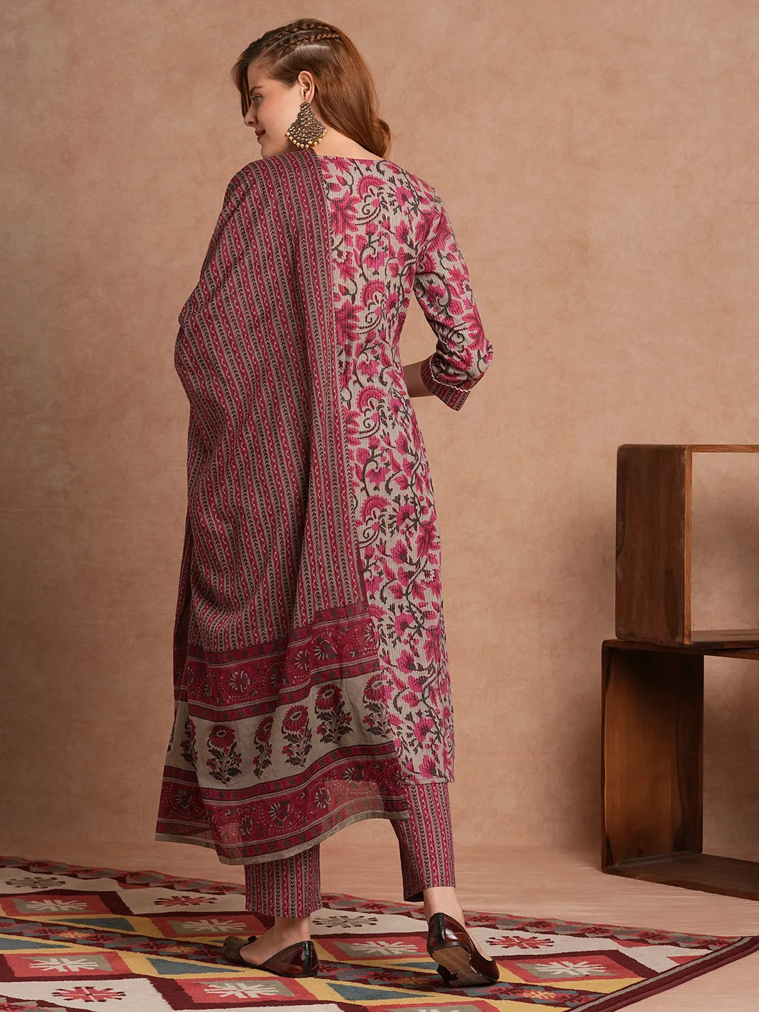 Ethnic Floral Printed Embroidered Straight Fit Kurta with Pant and Dupatta - Multi