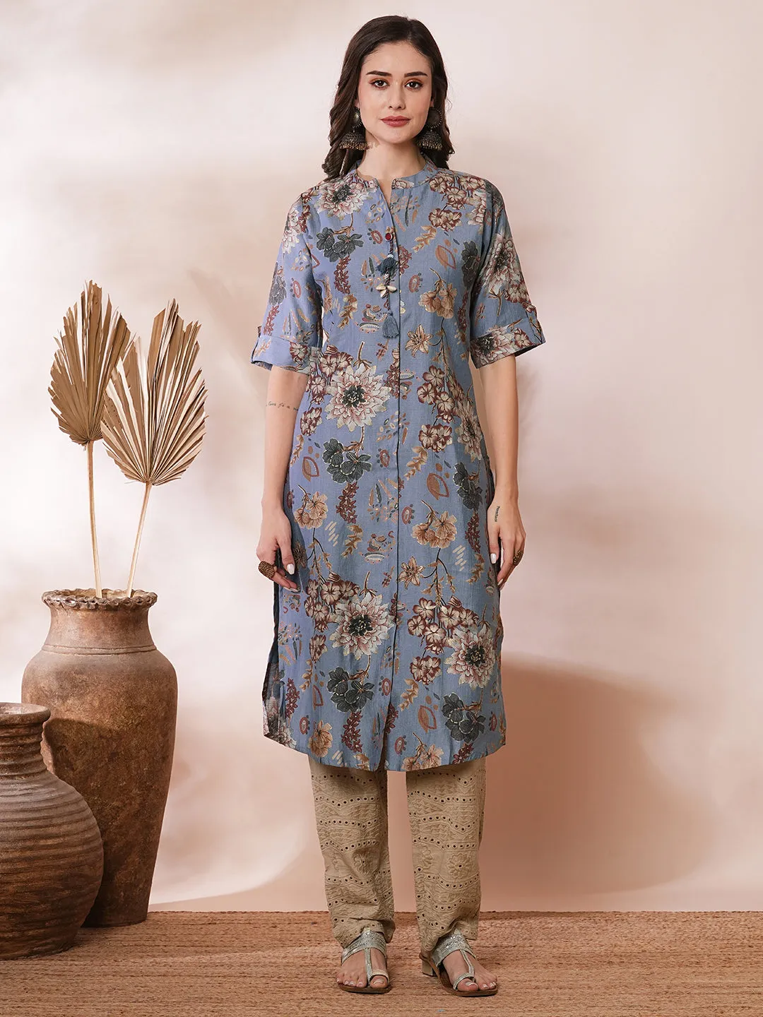 Ethnic Floral Printed Straight Fit Kurta - Blue