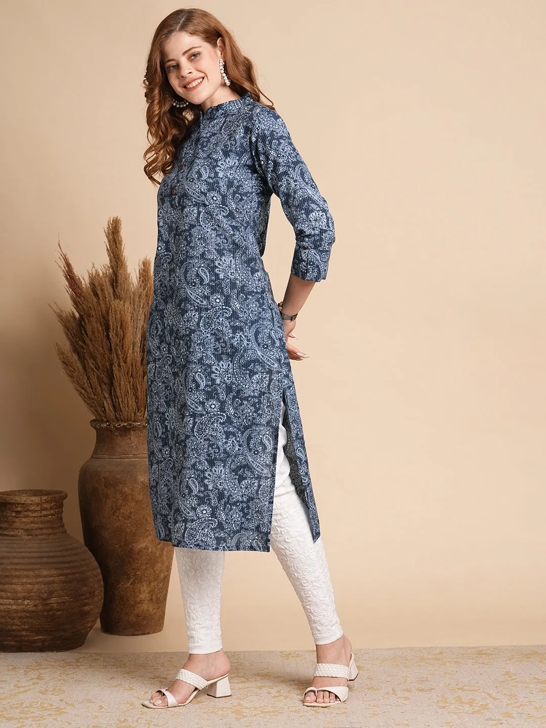 Ethnic Floral Printed Straight Fit Kurta - Blue