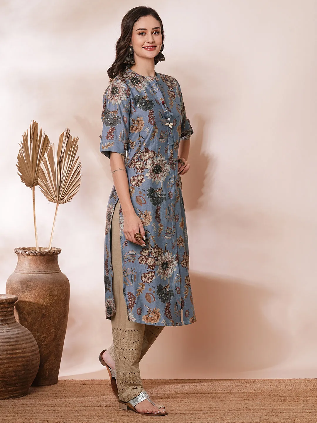 Ethnic Floral Printed Straight Fit Kurta - Blue