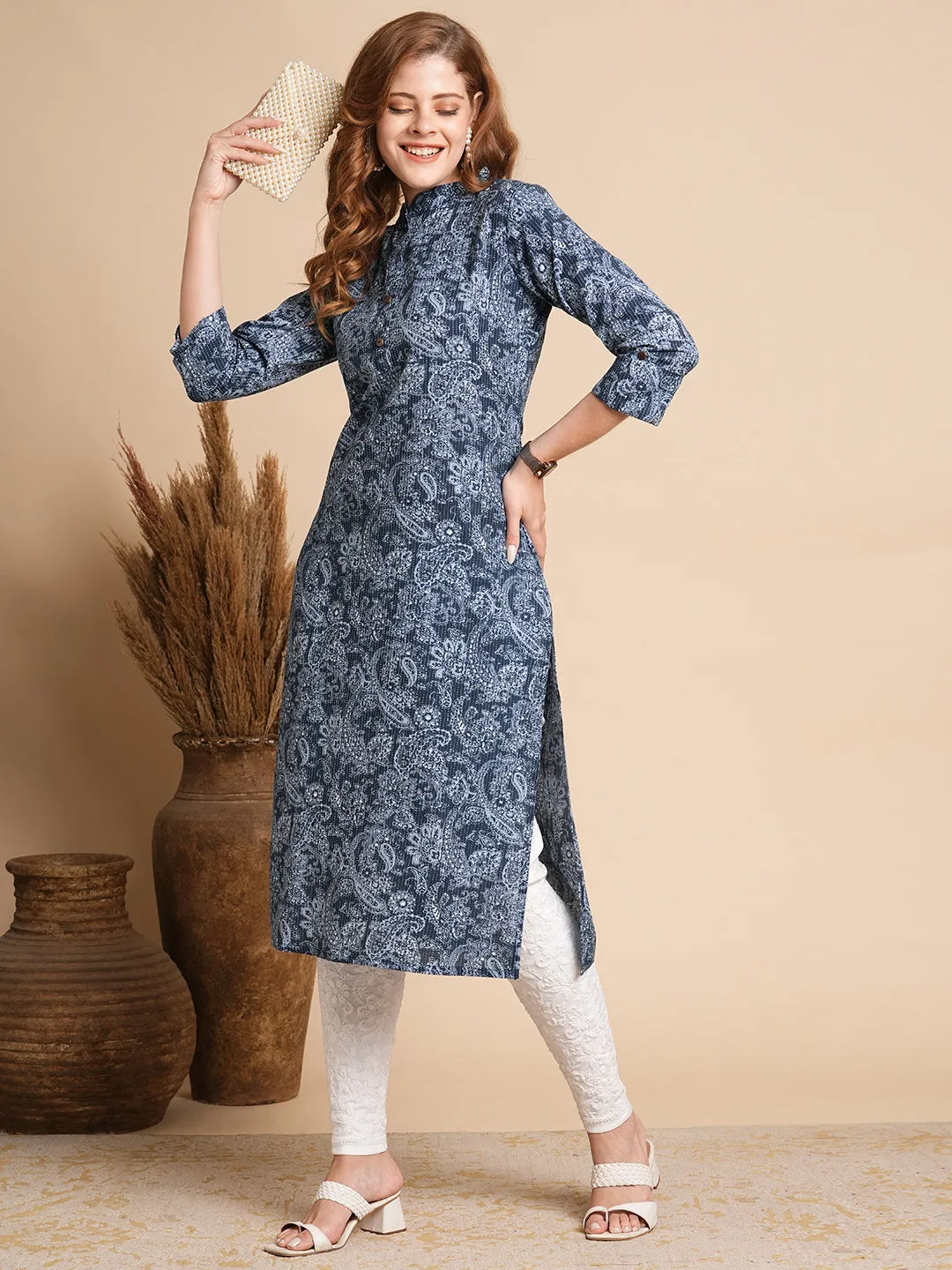 Ethnic Floral Printed Straight Fit Kurta - Blue