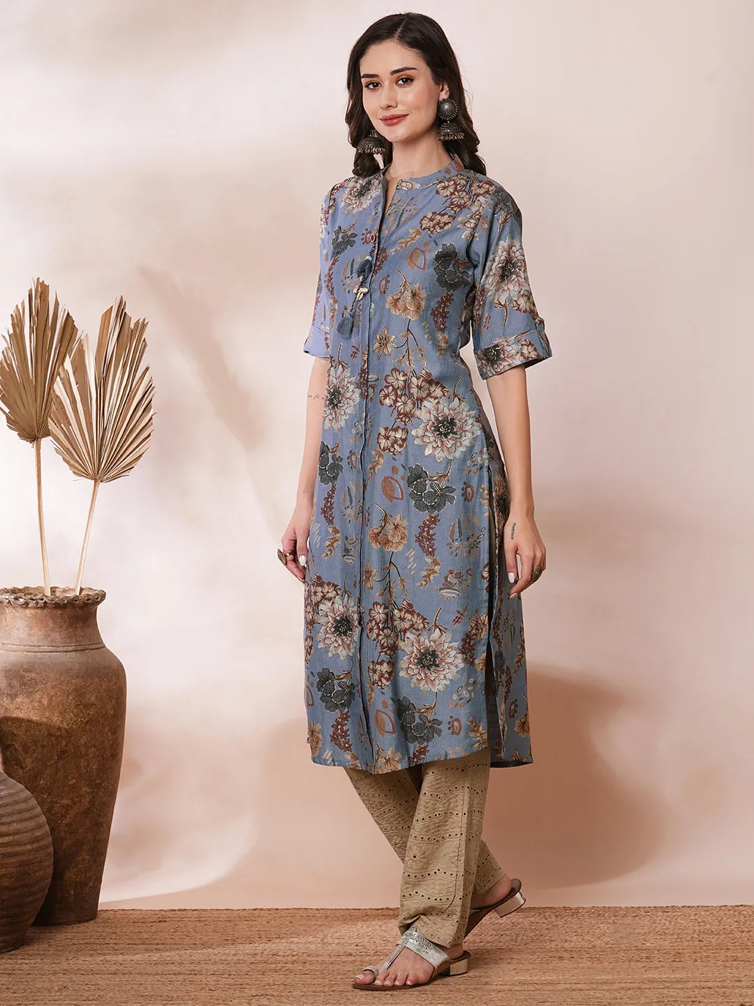 Ethnic Floral Printed Straight Fit Kurta - Blue