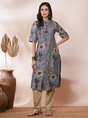 Ethnic Floral Printed Straight Fit Kurta - Blue