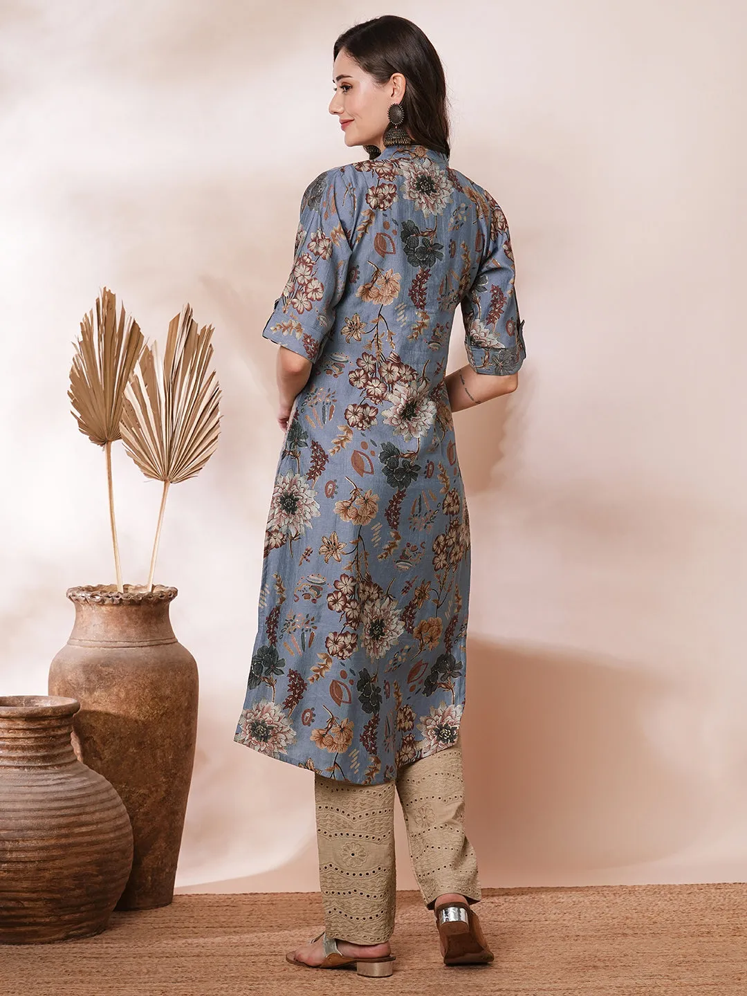 Ethnic Floral Printed Straight Fit Kurta - Blue