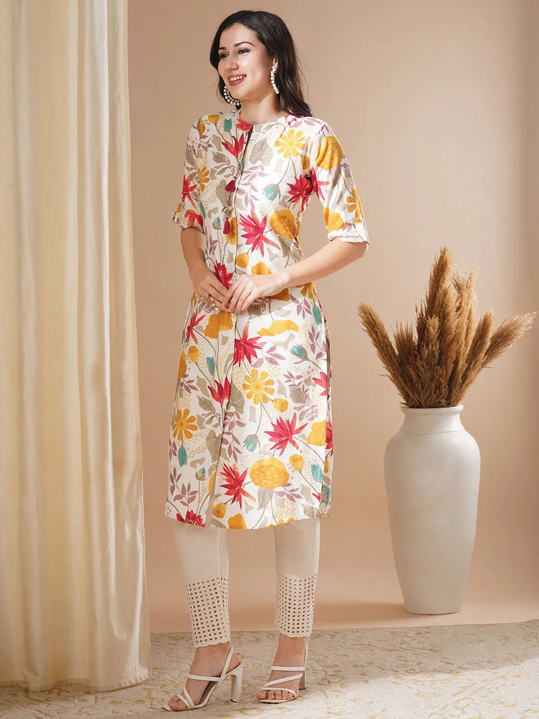 Ethnic Floral Printed Straight Fit Kurta - Multi