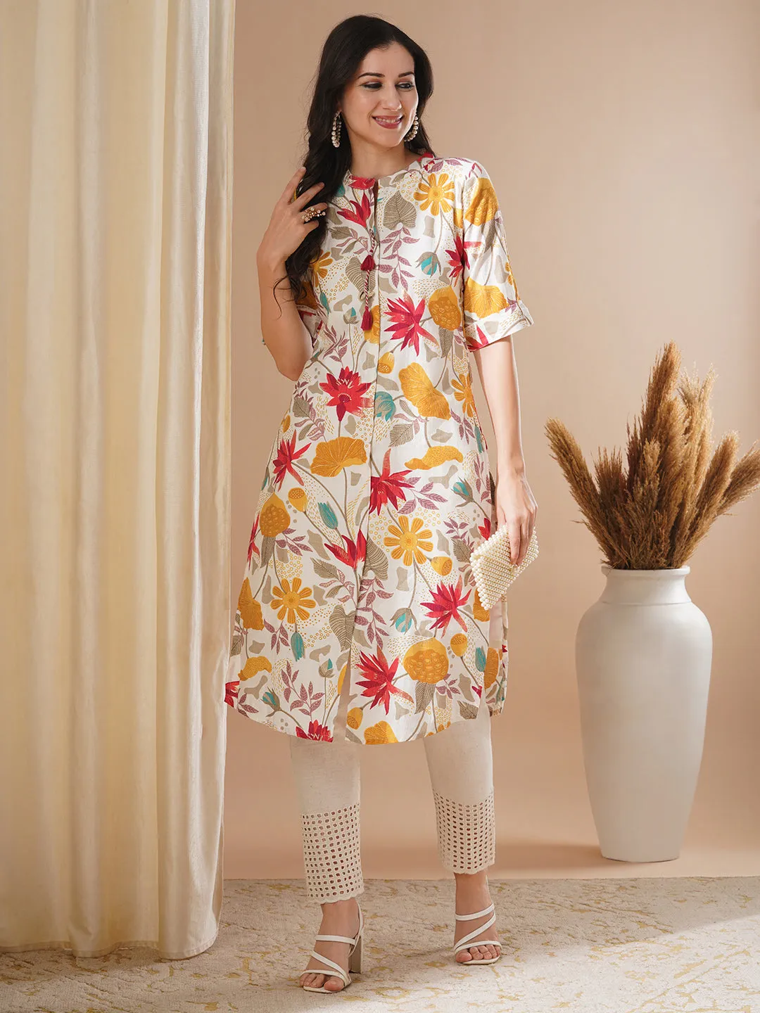 Ethnic Floral Printed Straight Fit Kurta - Multi