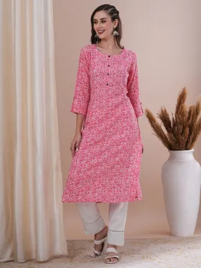 Ethnic Floral Printed Straight Fit Kurta - Pink