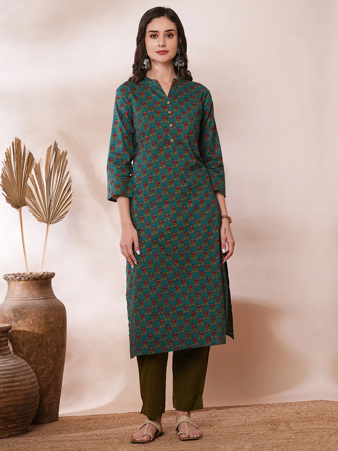 Ethnic Floral Printed Straight Fit Kurta - Sea Green