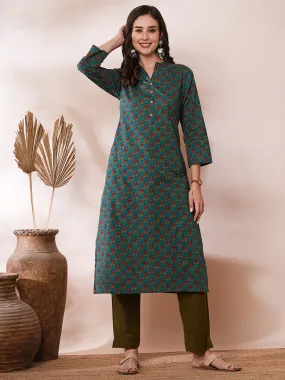 Ethnic Floral Printed Straight Fit Kurta - Sea Green