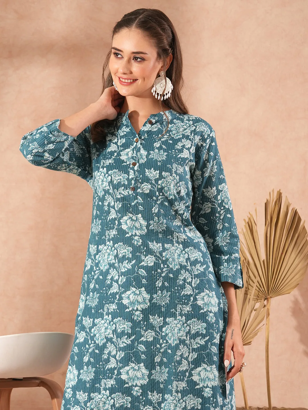 Ethnic Floral Printed Straight Fit Kurta - Teal Blue