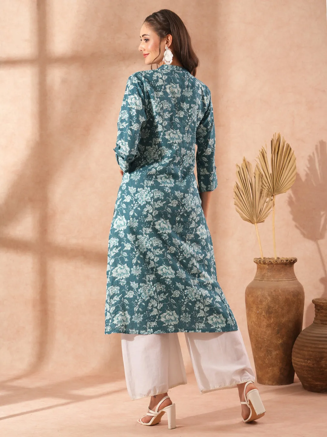 Ethnic Floral Printed Straight Fit Kurta - Teal Blue