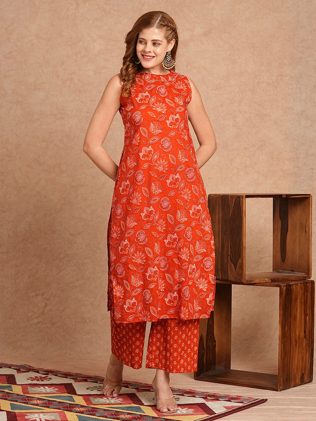 Ethnic Floral Printed Straight Fit Kurta with Palazzo- Rust