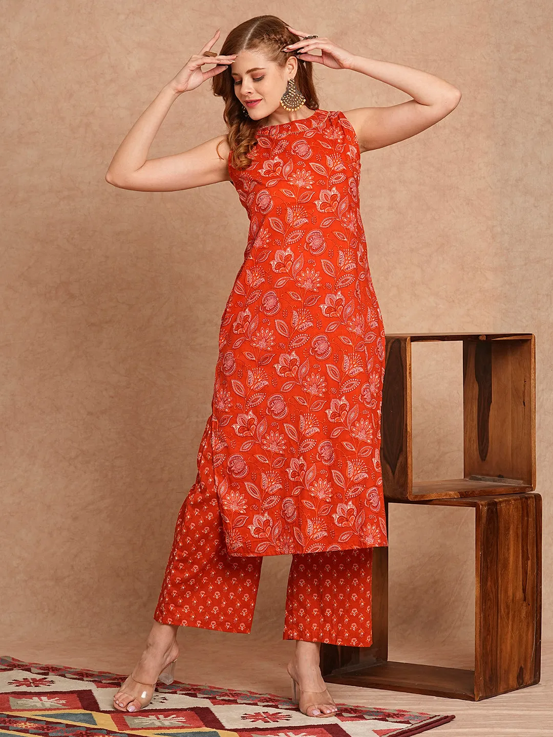 Ethnic Floral Printed Straight Fit Kurta with Palazzo- Rust