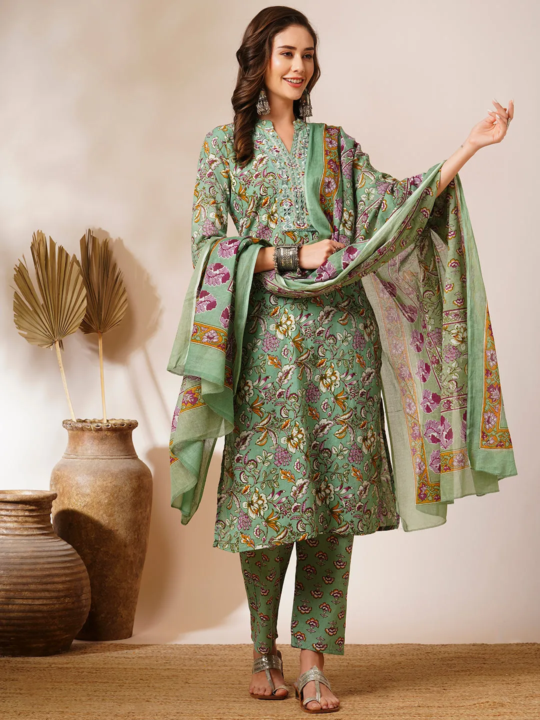 Ethnic Floral Printed Straight Fit Kurta with Pant & Dupatta - Pastel Green