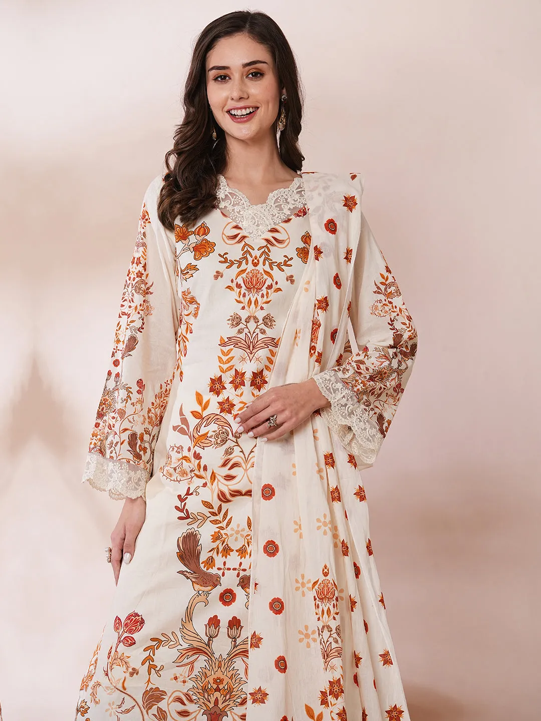 Ethnic Floral Printed Straight Fit Kurta with Pant and Dupatta - Cream