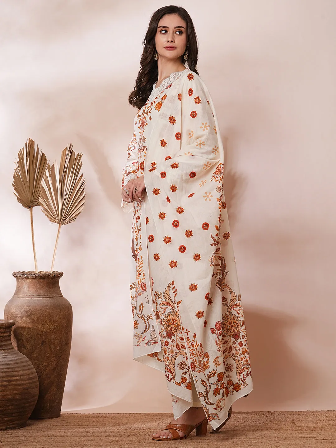 Ethnic Floral Printed Straight Fit Kurta with Pant and Dupatta - Cream