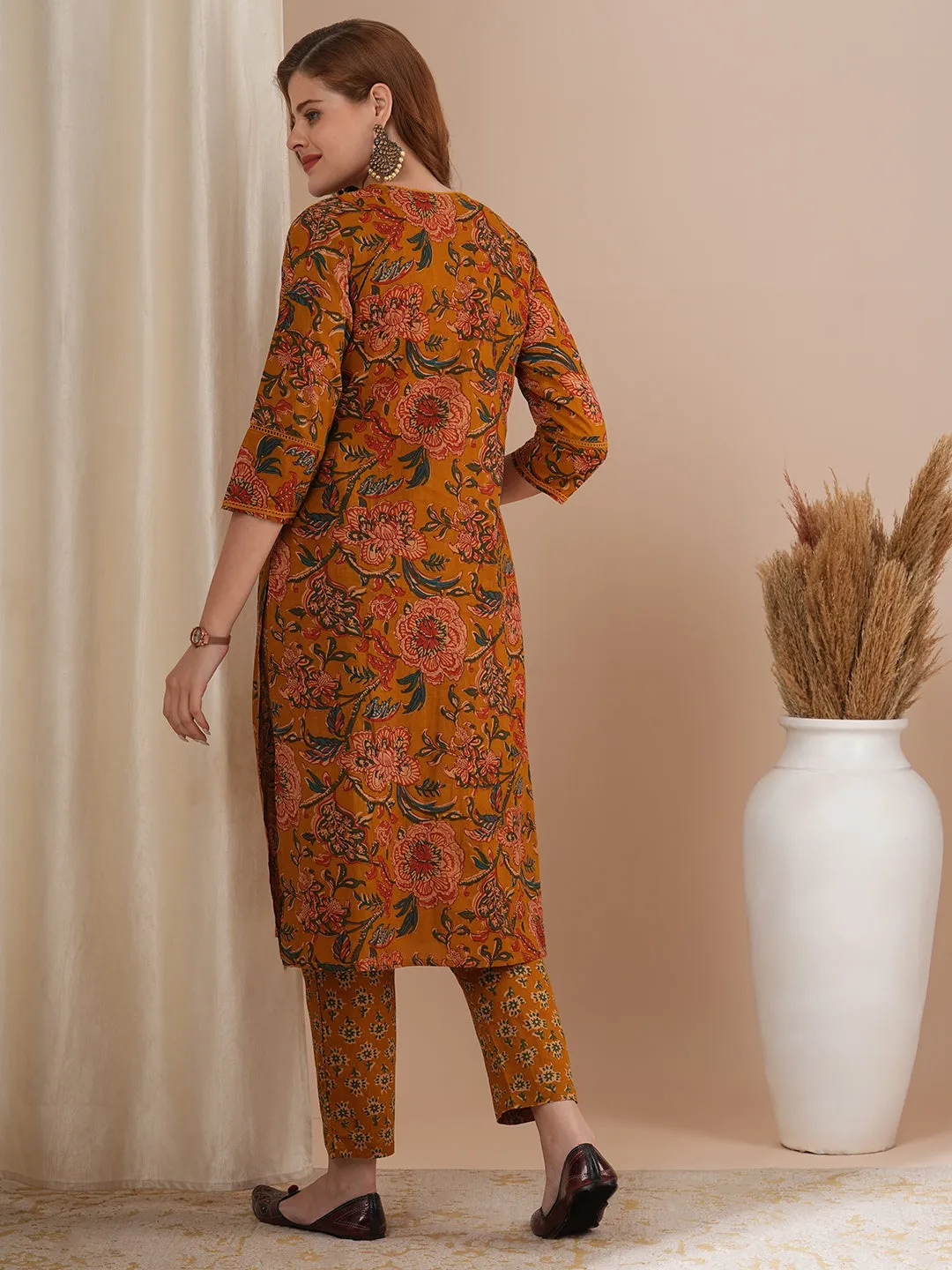 Ethnic Floral Printed Straight Fit Kurta with Pant - Mustard