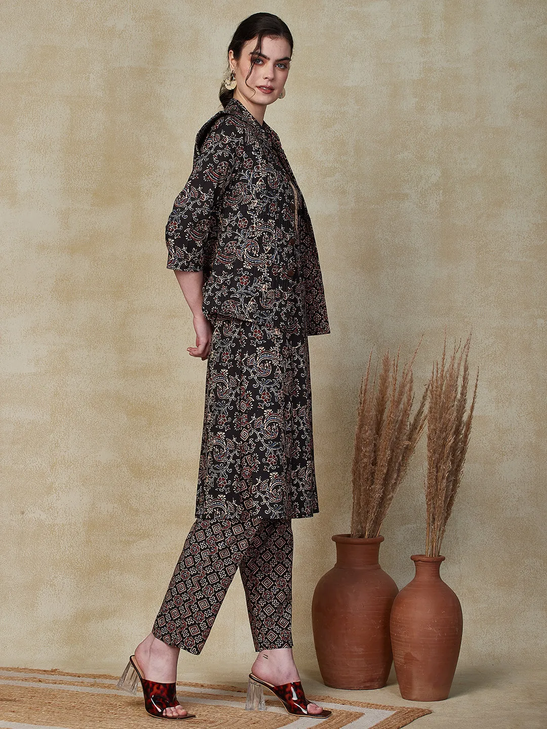 Ethnic Floral Printed Straight Kurta & Pant with Quilted Printed Jacket - Black